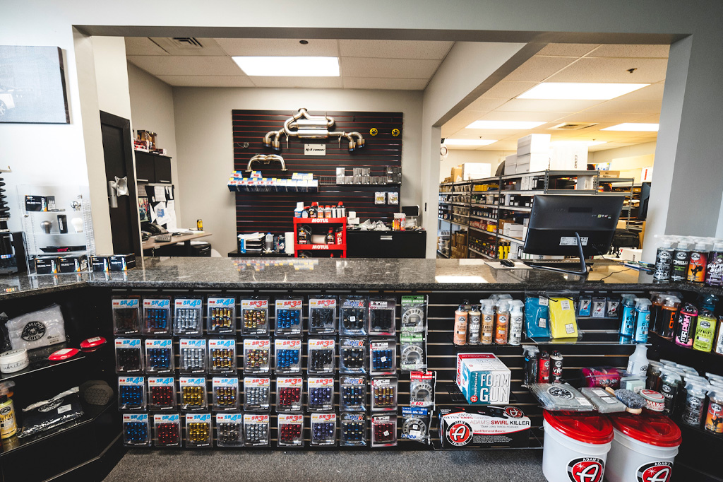 Shelves of performance parts in the R/T Tuning showroom