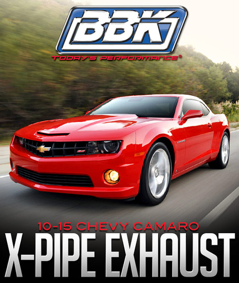 Red Chevy Camaro driving on a road, BBK logo above, text "10-15 Chevy Camaro X-Pipe Exhaust" below.
