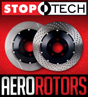 Two Stoptech AeroRotors, one slotted and one drilled, on a red background with branding text.