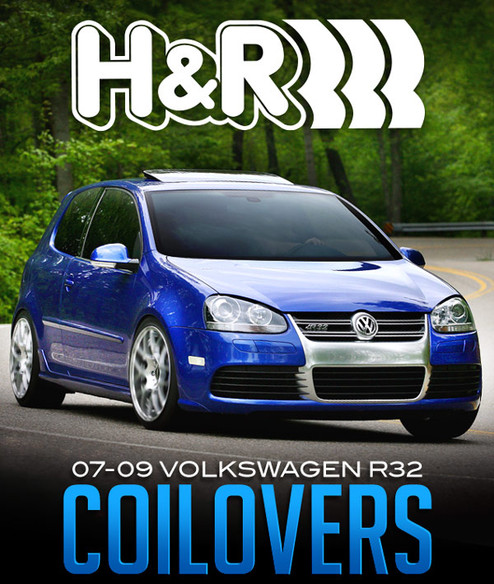 Blue 07-09 Volkswagen R32 on a road, H&R logo above, text below promoting coilovers.