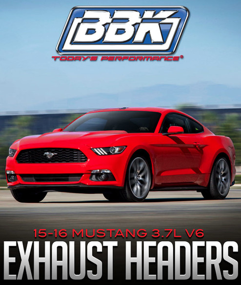 Red 2015-2016 Mustang 3.7L V6 driving, promoting BBK Exhaust Headers.