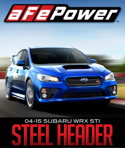 Blue Subaru WRX STI on a track, aFe Power logo above, text below reads "04-15 Subaru WRX STI Steel Header.