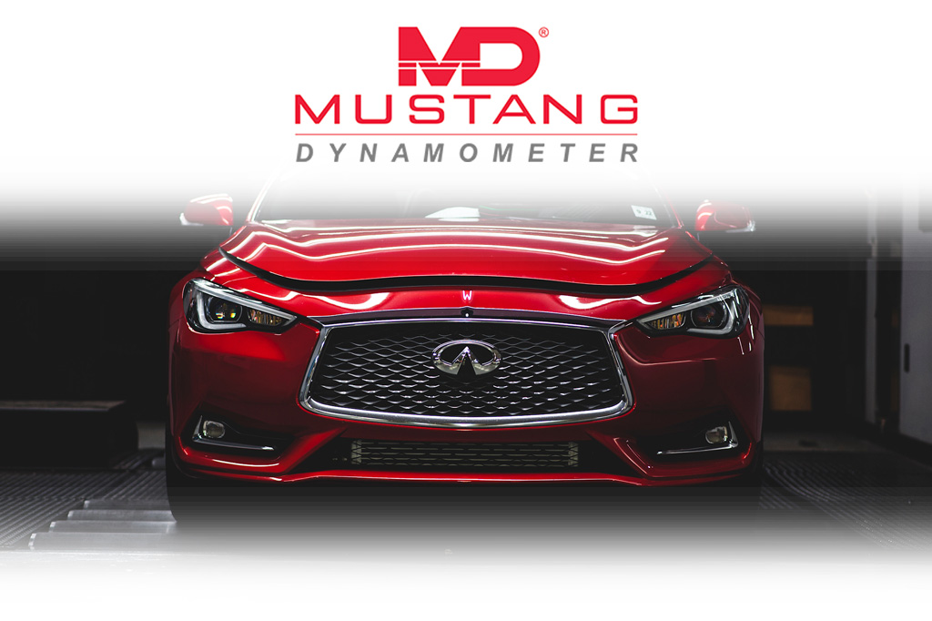 Red Infiniti car front view under Mustang Dynamometer logo.