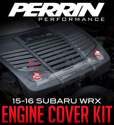 Perrin engine cover kit for 2015-2016 Subaru WRX with red accents and logo, showcasing performance branding.